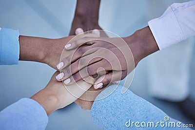 People, trust and hands together above for community, unity or team agreement in support for collaboration. Hand of Stock Photo