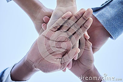 People, trust and hands together below for community, unity or team agreement in support for collaboration. Hand of Stock Photo