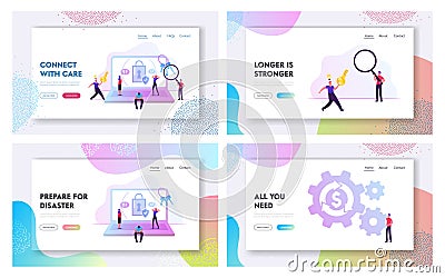 People Try to Memorize Password, Loan Refinance Website Landing Page Set. Happy Person Run with Key Remember Pin Code Vector Illustration