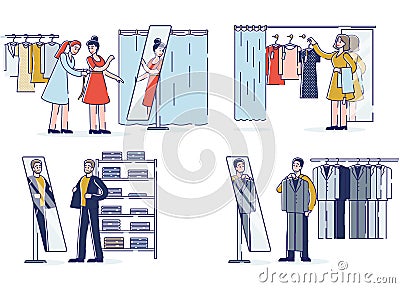 People trying clothes in fashionable boutique. Cartoon male and female customers choose new outfit Vector Illustration