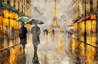 People with umbrellas in rainy day in Paris by the Eiffel Tower. Stock Photo