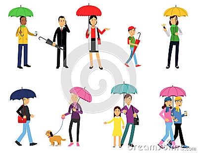 People under umbrella set, men and women Vector Illustration