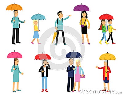 People under umbrella of various colors set, men and women Vector Illustration