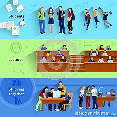 People At University Horizontal Banners Vector Illustration