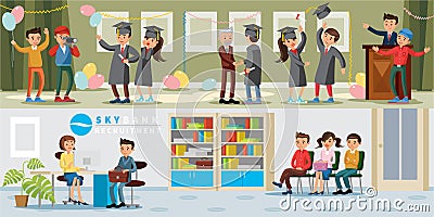 People In University Horizontal Banners Vector Illustration