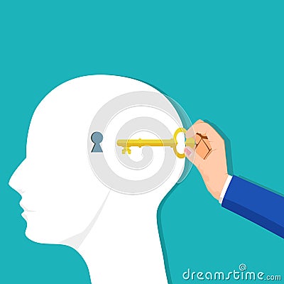 People unlock the keys to the human head. The concept of solving the secrets of the brain Vector Illustration