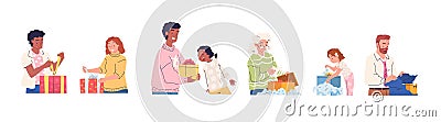 People unpacking gifts. Person characters opening presents, customer getting bonus or grants, joy woman holding gift Cartoon Illustration