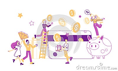 People Use Bonus Card, Loyalty Program Concept. Tiny Characters Holding Huge Golden Coins, Earn Reward, Redeem Gift Vector Illustration