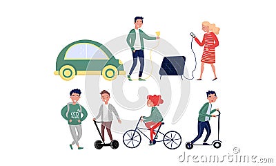 People Use Eco-friendly Transport And Alternative Energy Sources Vector Illustration Set Isolated On White Background Vector Illustration