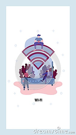 People use internet in free wifi zone. Wireless network technology symbol. Wi-fi hotspot, router, modem. Vector web site Vector Illustration