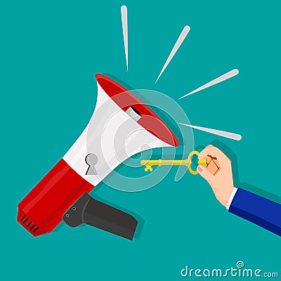 People use the key to unlock the megaphone. Ideas for unlocking the secrets of marketing methods Vector Illustration