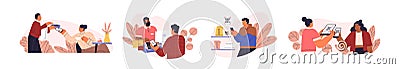 People use mobile cashless payment system or scan qr code vector flat illustration. Characters using digital banking Vector Illustration