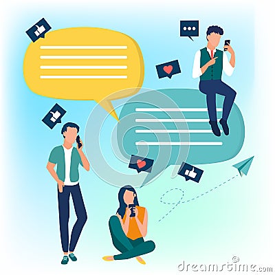 People use mobile smartphone for chatting in social media. Dialogue speech bubbles. Flat cartoon characters. Colorful vector Vector Illustration