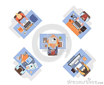 People Using Computers Businesspeople Workplace Desk Top Angle View Laptop Desktop Teamwork Vector Illustration