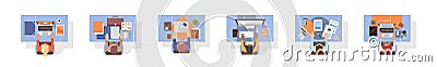 People Using Computers Businesspeople Workplace Desk Top Angle View Laptop Desktop Teamwork Vector Illustration