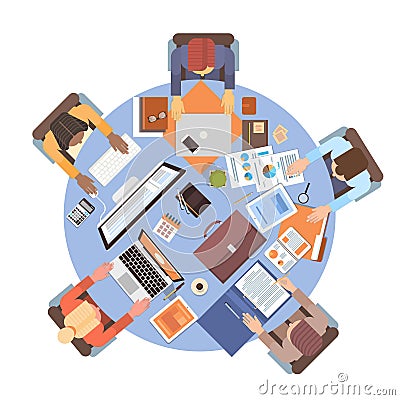 People Using Computers Businesspeople Workplace Desk Top Angle View Teamwork Vector Illustration