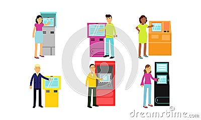 Set Of Vector Illustrations With People Using Kinds Of Automatic Teller Machines Vector Illustration