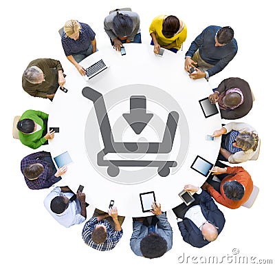 People Using Digital Devices with Shopping Cart Symbol Stock Photo