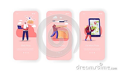 People Using Drones for Pizza Delivery Mobile App Page Onboard Screen Template. Quadcopters Bringing Food to Characters Vector Illustration