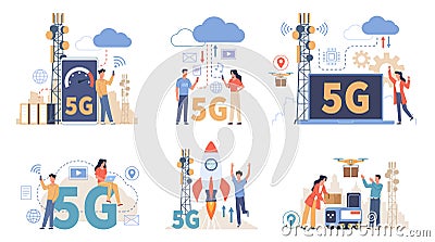 People using 5g. Users of network options, urban wireless technologies, high speed environment, transmitter towers Vector Illustration