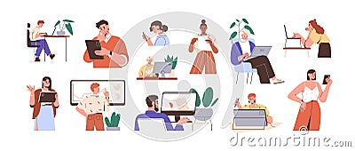 People using gadgets set. Business men, women work online, surfing internet with desktop computer, laptop, mobile phone Cartoon Illustration