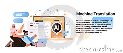 people using machine translation application with ai helper bot international communication artificial intelligence tech Vector Illustration