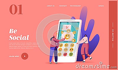 People Using Messaging App Landing Page Template. Female Characters Sending Text Messages by Mobile Phone. Sms and Emoji Vector Illustration