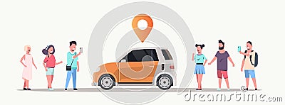 People using mobile application ordering auto with location pin online taxi car sharing carpooling concept Vector Illustration