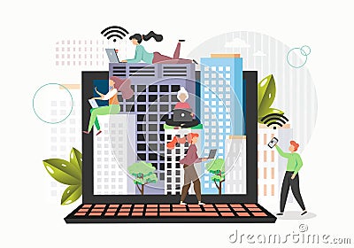 People using mobile devices wireless internet connection flat vector illustration. Free wifi hotspot, public access zone Vector Illustration