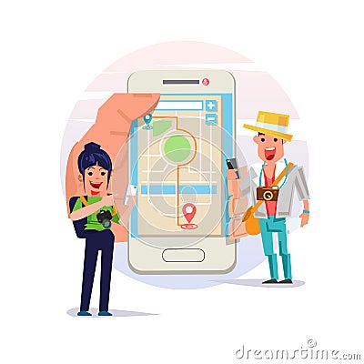 People using mobile smartphone and see map to explorer cities and landscape. passenger for tour travel - vector Cartoon Illustration