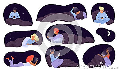 People using phones in bed set, night scenes with characters lying with smartphones Vector Illustration