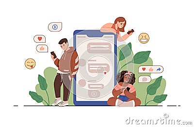 People using phones. Person text in internet social media by smartphone. Infographic with man and woman. Emotion icons Vector Illustration