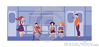 People using smartphone in public transport in train. People traveling on the subway. Vector Illustration