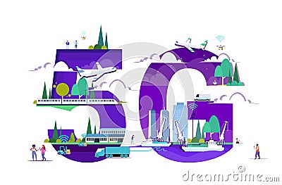 People using smartphones 5G online wireless system connection truck train freight ships plane and drones over cityscape Vector Illustration