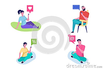 People using smartphones, social network concept. Male, female characters. Cartoon Illustration