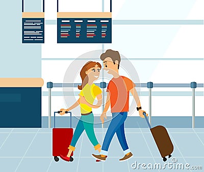 Couple with Luggage in Airport, Man and Woman Vector Illustration