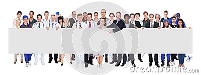 People with various occupations holding blank banner Stock Photo