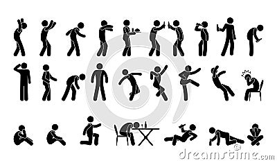People in various poses, stick figure man icon, isolated silhouettes, drunk man Vector Illustration
