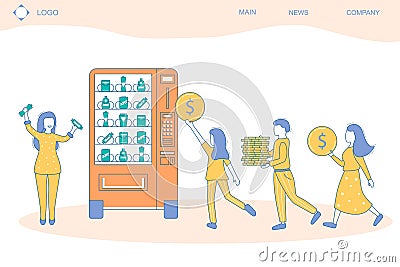 People and Vending Machine Concept Card Landing Web Page Template Contour Linear Style. Vector Vector Illustration