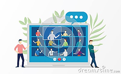 People video conference virtual meeting discussion about business education online training school courses flat cartoon style Vector Illustration