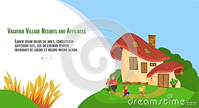 People in village vacation flat vector illustration, cartoon happy villager family characters have fun, rest near cute Vector Illustration