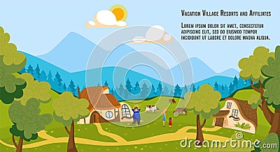 People on village vacation vector illustration, cartoon flat happy family villager characters spending time together Vector Illustration