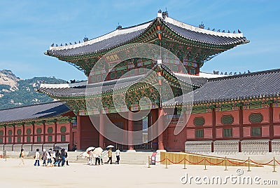 People visit Gyeongbokgung Royal Palace in Seoul, Korea. Editorial Stock Photo