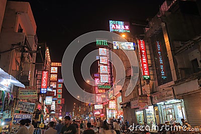 Street market night cityscape New Delhi India Editorial Stock Photo