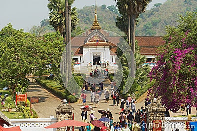 People visit Royal palace during Lao New Year celebrations in Luang Prabang, Laos. Editorial Stock Photo