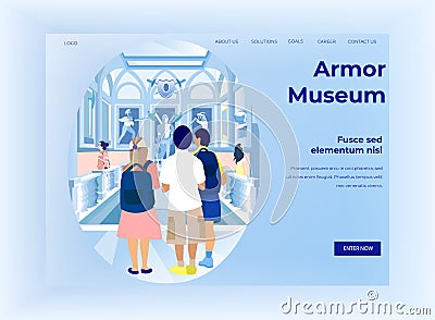 People Visiting Armor Museum, Horizontal Banner Vector Illustration