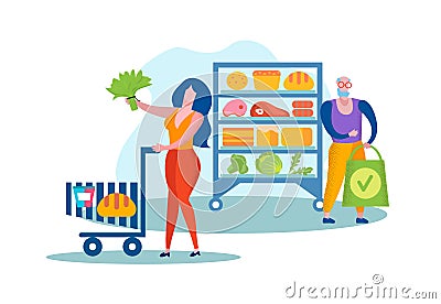 People Visiting Supermarket or Grocery for Food Vector Illustration