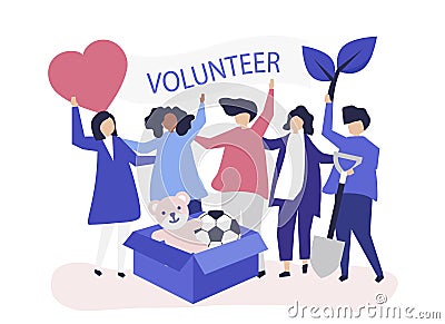 People volunteering and donating money and items to a charitable cause Vector Illustration