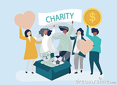 People volunteering and donating money and items to a charitable cause Vector Illustration