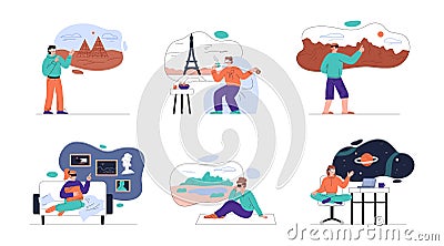 People in VR goggles exploring different countries in virtual reality, flat vector illustration isolated on white. Vector Illustration